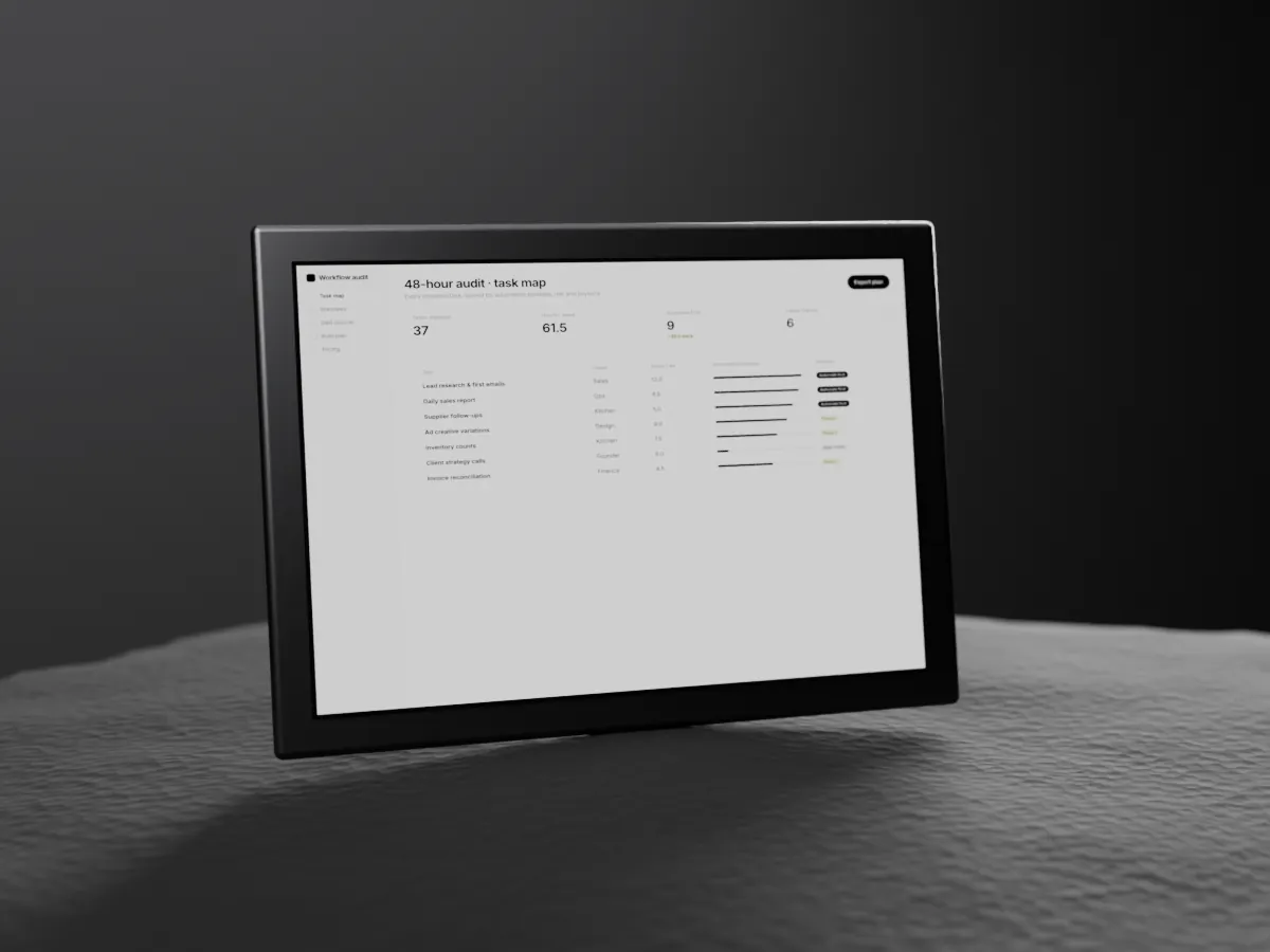 The audit task map on a tablet resting on black basalt, with every repeated task scored for payback
