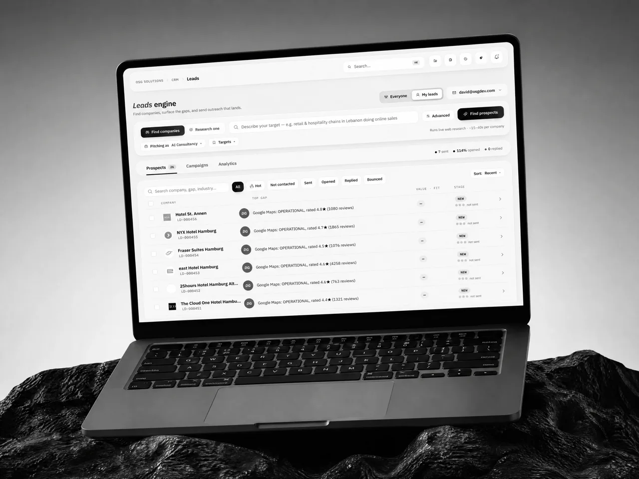 An AI outreach agent pipeline: leads sourced against an ideal-customer profile, researched and sent a personalised first email