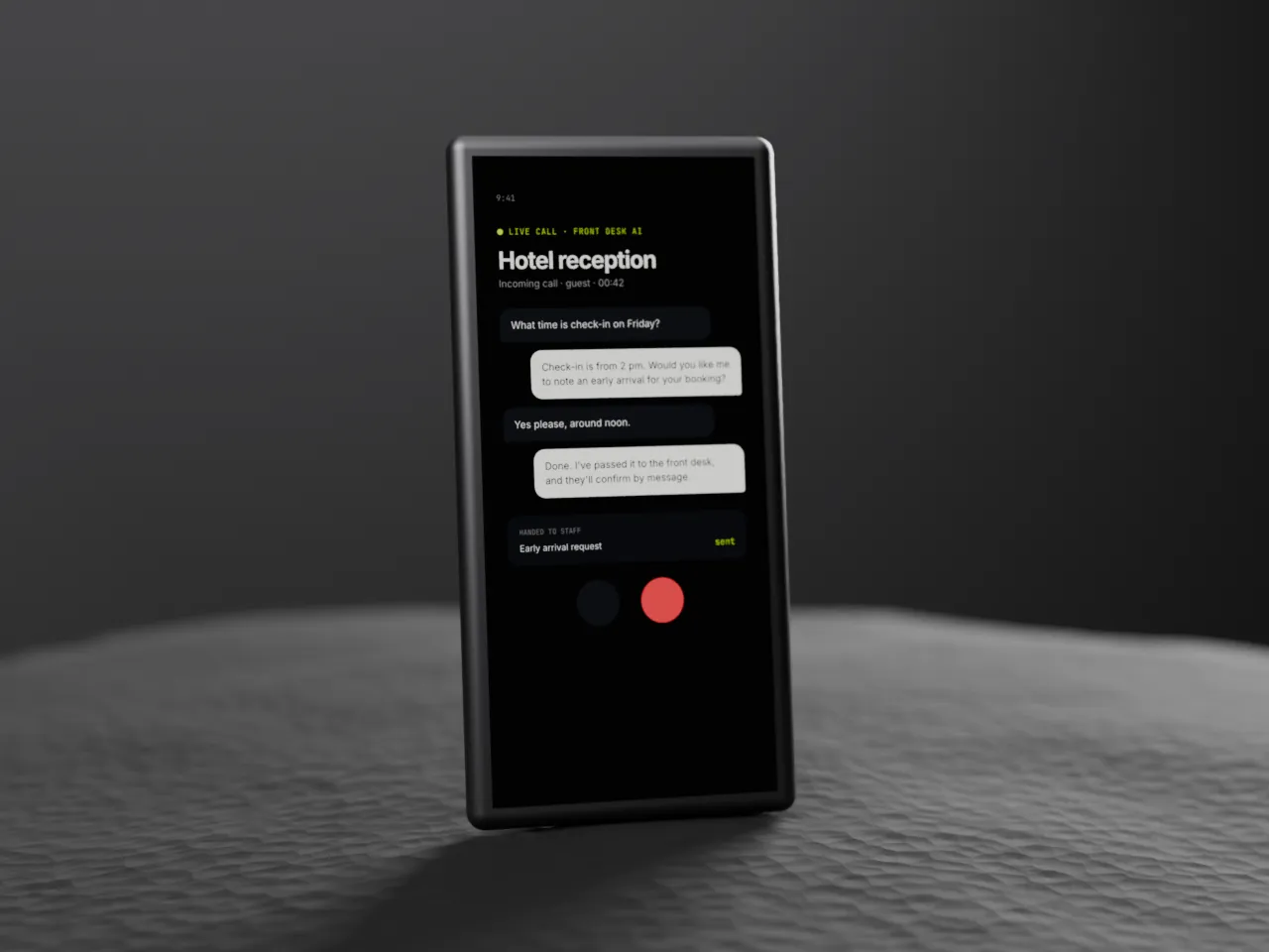 An AI receptionist answering a hotel phone call and responding to a guest