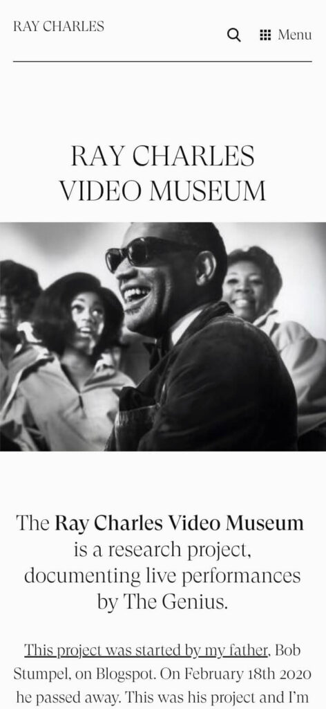 Screenshot of Ray Charles website on mobile (Homepage)